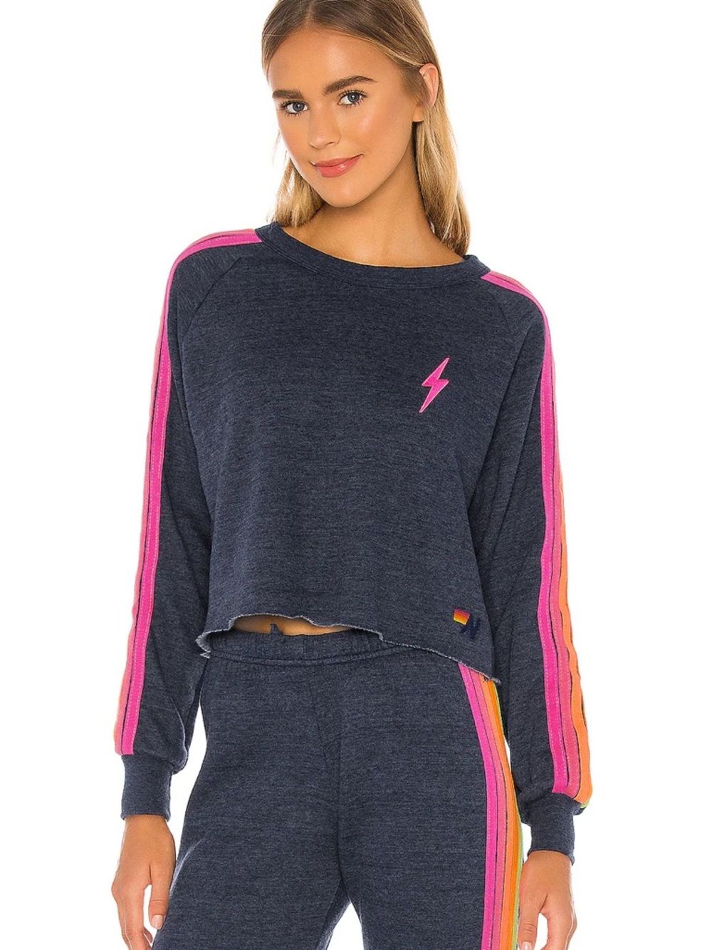 Aviator Nation Bolt Cropped Classic Crewneck in Heather Navy Neon